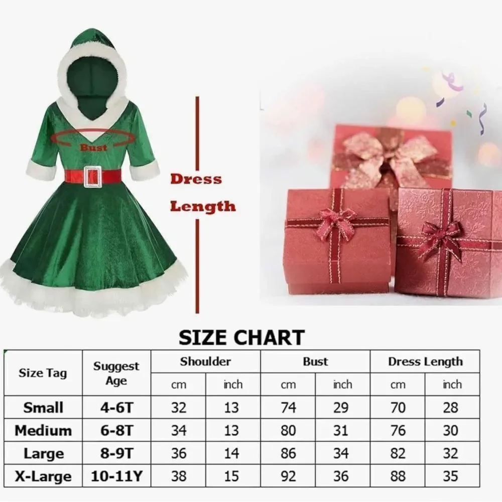 LMYOVE Girls Santa Green Elf Hooded Dress Costume(Large, Green)
